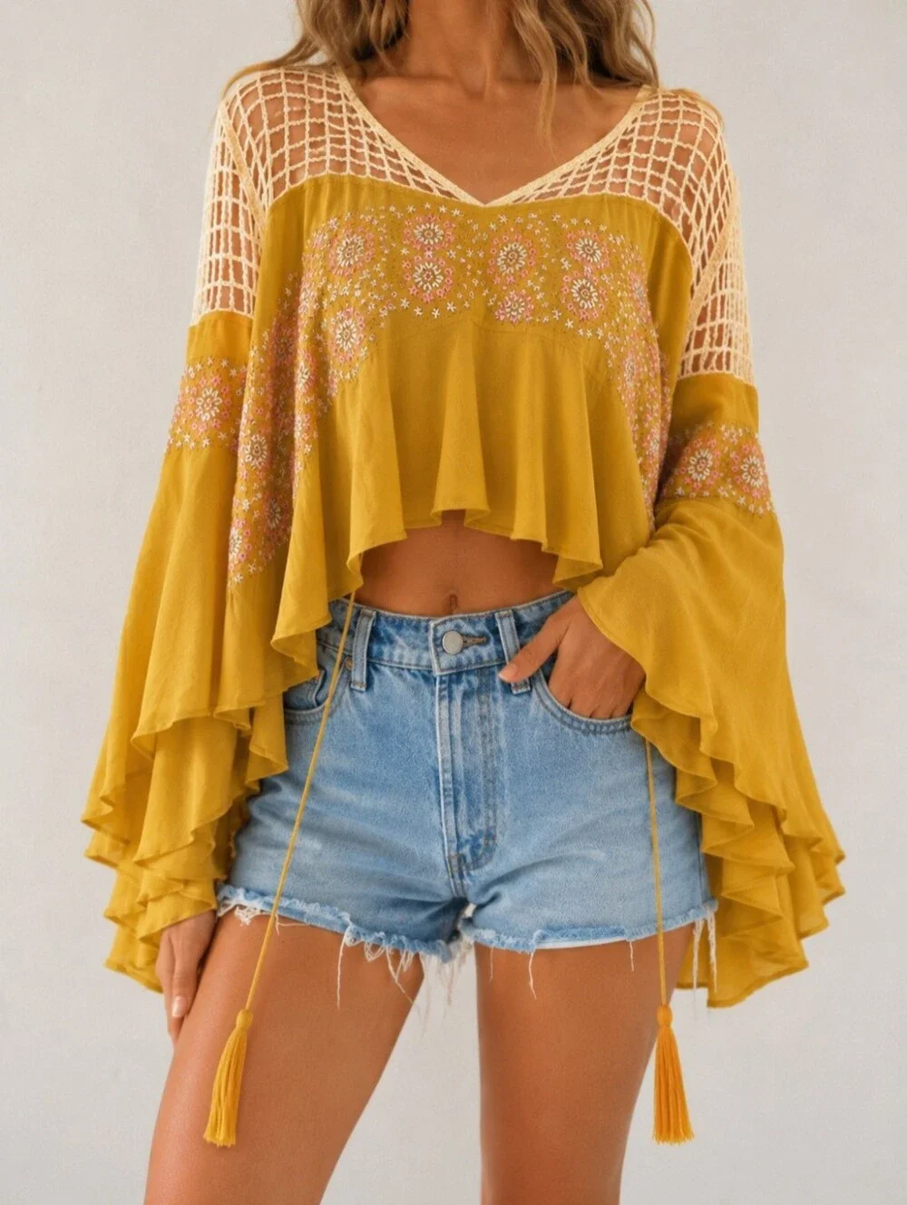 Free People Mustard Embroidered Crochet-Yoke Tunic